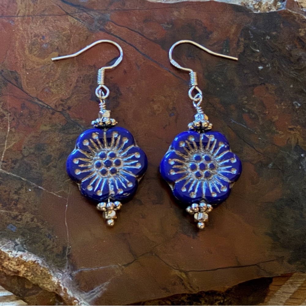 New Beautiful Cobalt Blue With Silver Wash Czech Glass Flower Earrings